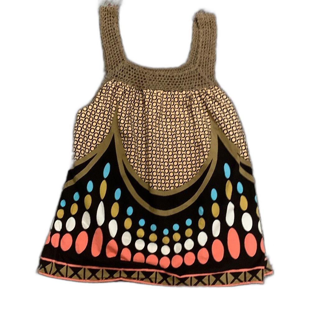 VTG Blue Plate Women's Brown Crochet Strap Dot Print Sleeveless Tank Top L - Picture 2 of 10